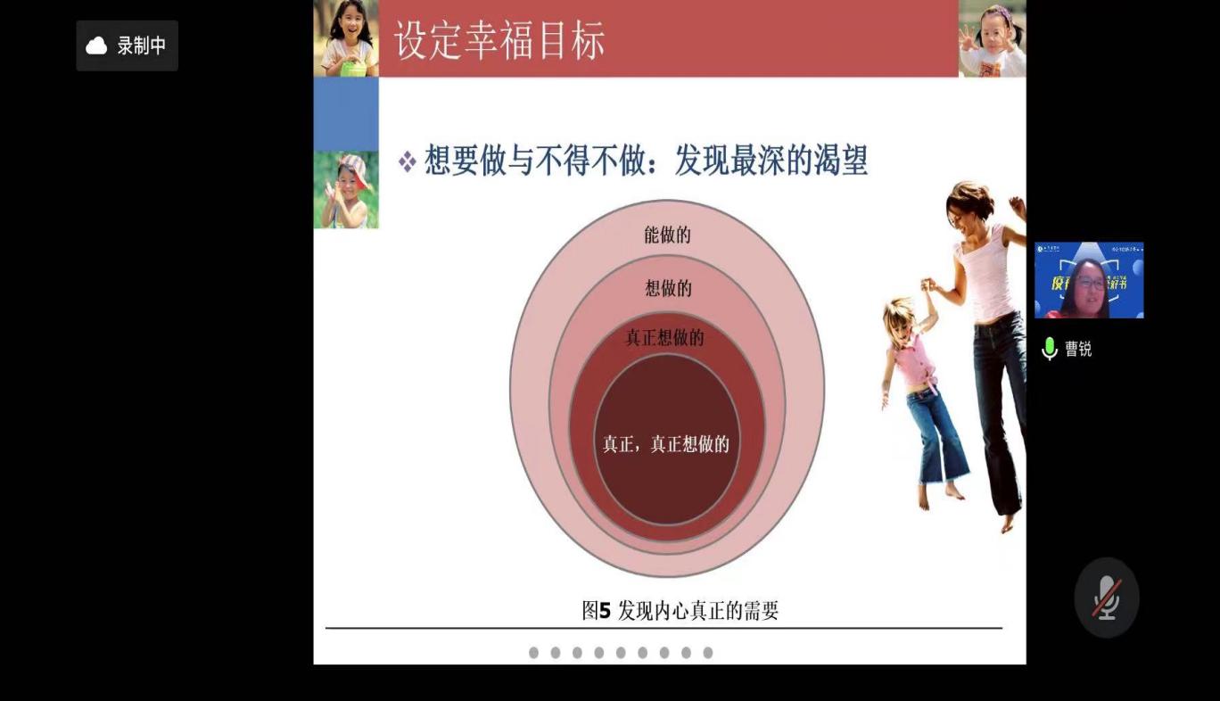 图为曹锐老师通过线上读书分享活动向学生讲解积极心理学相关知识