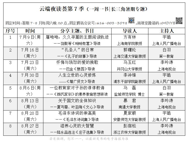 “‘云端’夜读荟”第七季长三角暑假专题安排